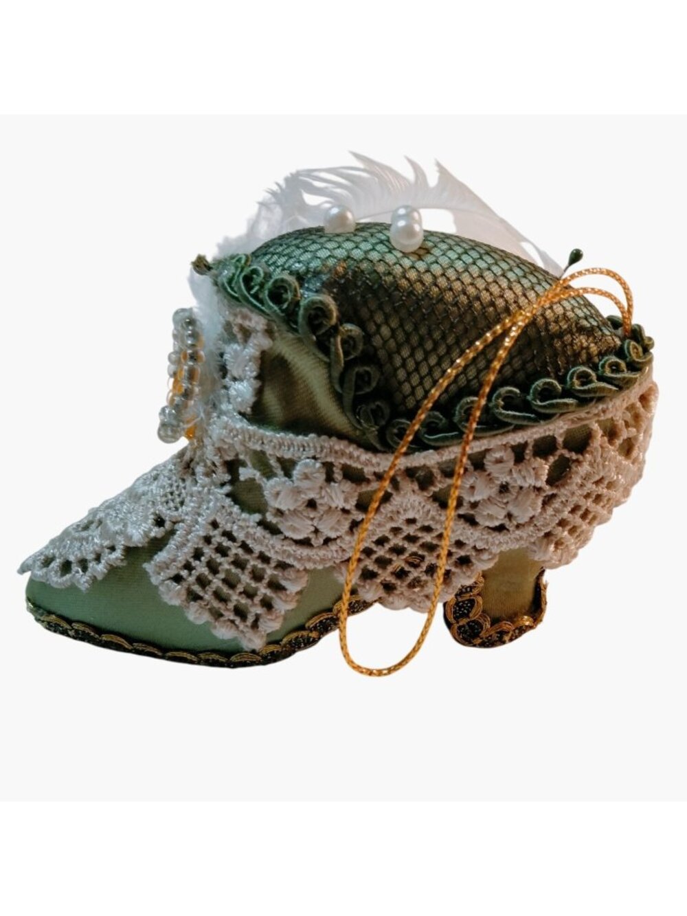 Victorian Style Shoe Ornament Lace Feather Pearl Jeweled Green Gold - Picture 5 of 11